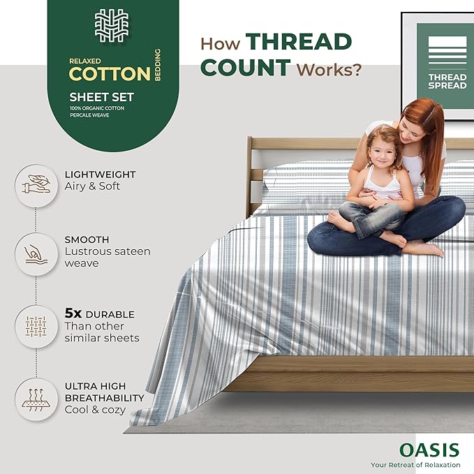 THREAD SPREAD 100% Organic Cotton Sheets Twin XL Size - Organic Cotton Percale Weave Sheet Set (3 PC, Dotted Stripe), Soft, Cooling, Crisp & Breathable, 16" Deep Pocket Hotel Quality Bedding Set