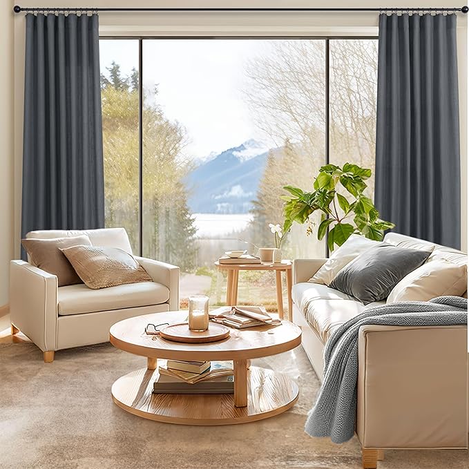 Dark Gray Curtains 108 Inches Long 2 Panels Set for Patio Door 2 Panels Rod Pocket Semi Sheer Linen Lightweight Drapes Charcoal Grey Cotton Textured 9ft Curtain for Dining Room Bedroom Playroom 52x108