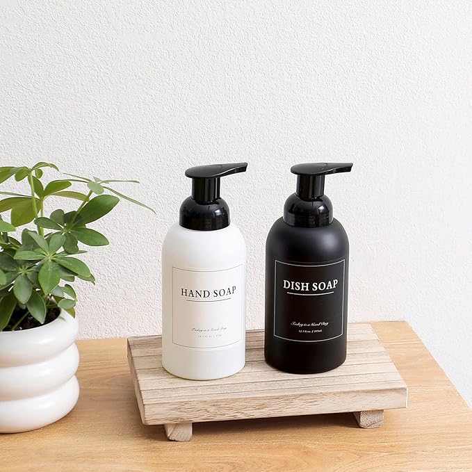 rejomiik 2 Pack Foaming Soap Dispenser Thick Glass Foam Hand Soap Dispenser for Bathroom or Kitchen Sink, 13 oz Pump Bottles for Hand soap, Body Wash, Matte Black and White
