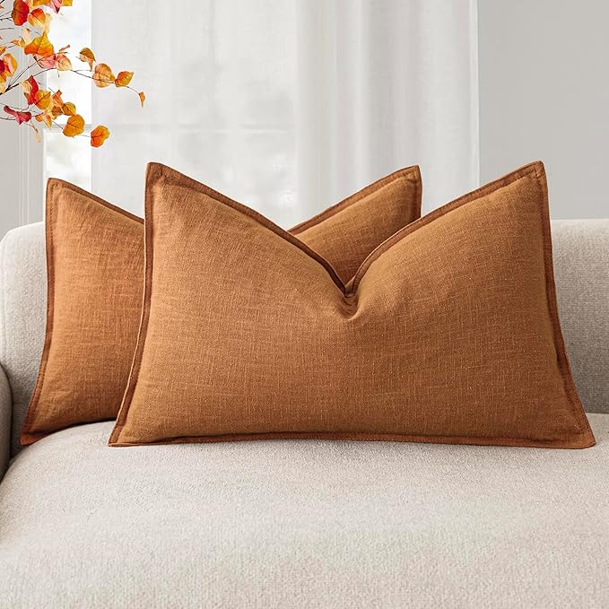 Foindtower Pack of 2, Decorative Linen Soild Throw Pillow Covers Soft Accent Lumbar Cushion Case Farmhouse Pillowcase for Chair Couch Sofa Bedroom Living Room Home Decor 12 x 20 Inch Autumn Orange