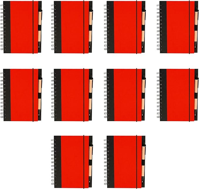 DISCOUNT PROMOS Eco Block Notebooks with Pens Set of 10, Bulk Pack - Perfect for School, Office, Business, Home - Red