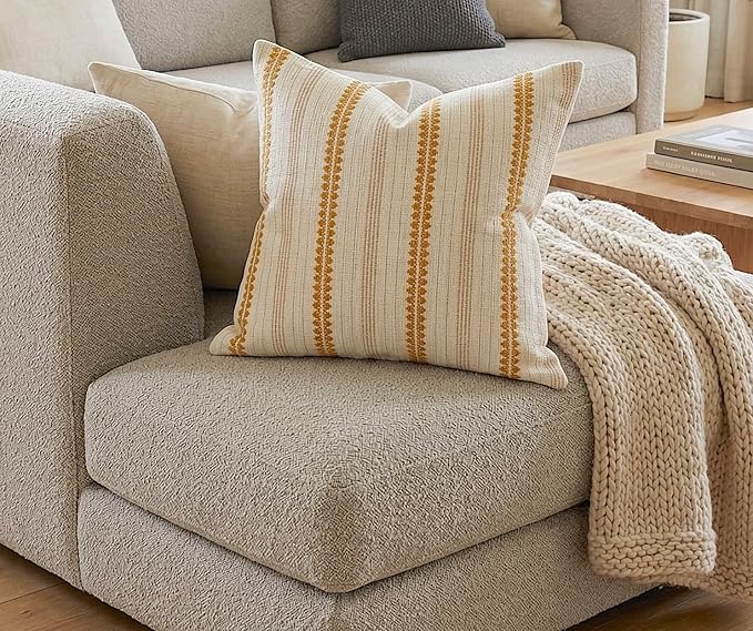 SanVia Cotton Throw Pillow Covers 20x20 – Handwoven Jacquard Texture, Fade-Resistant, No Pilling – Hidden Zipper, Decorative Cushion Cover for Sofa, Couch, Bed – Insert Not Included (Striped, White)