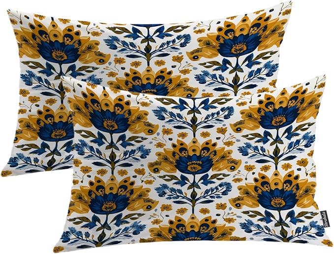 Shrahala Folk Art Floral Motifs Decorative Throw Pillow Cover, Blue Yellow Floral Pattern Lumbar Pillowcase Blended Double-Sided No Inserts for Bedroom Living Room Set of 2 (12 x 20 in)
