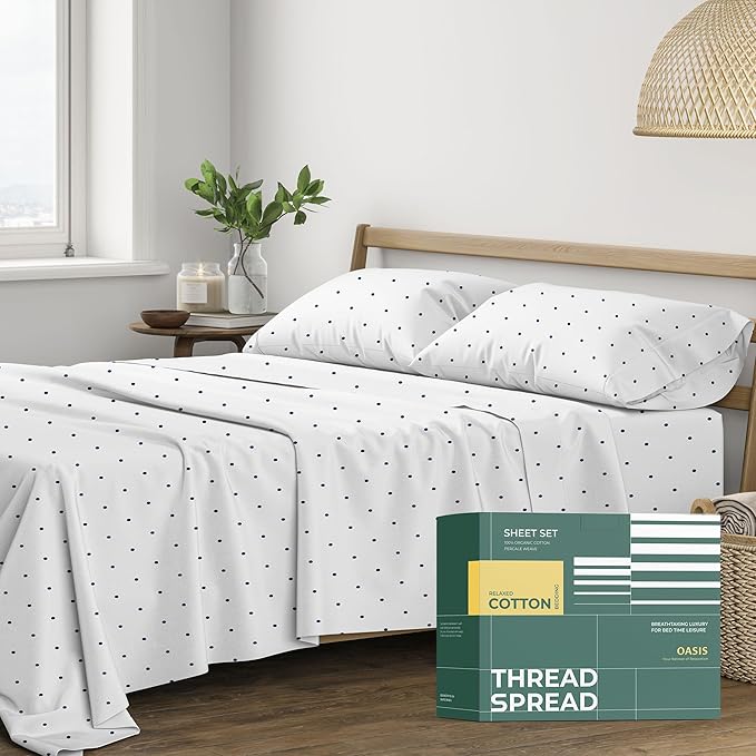THREAD SPREAD 100% Organic Cotton Sheets California King Size - Organic Cotton Cal King Size Percale Sheet Set (4 PC, Navy Polka Dot), Soft, Cooling & Crisp, 16" Deep Pocket Hotel Quality Bedding Set
