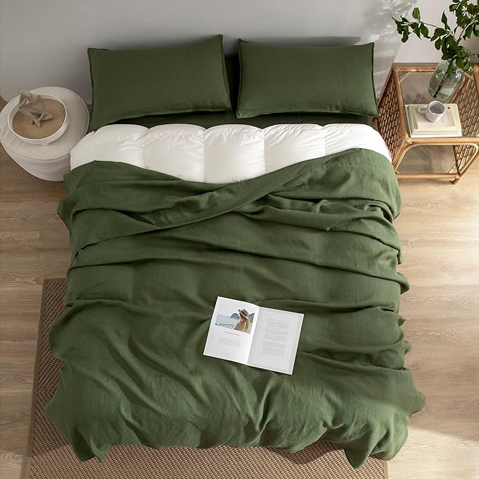 EVERLY Linen Sheets Set Full Size,100% French Stonewash Pure Linen Sheets Set,4Pieces (1Flat Sheet,1Fitted Sheet,2Pillowcase) Suitable for Hot Sleepers,Deep Pocket Natural Bedding Set-Mossy Green