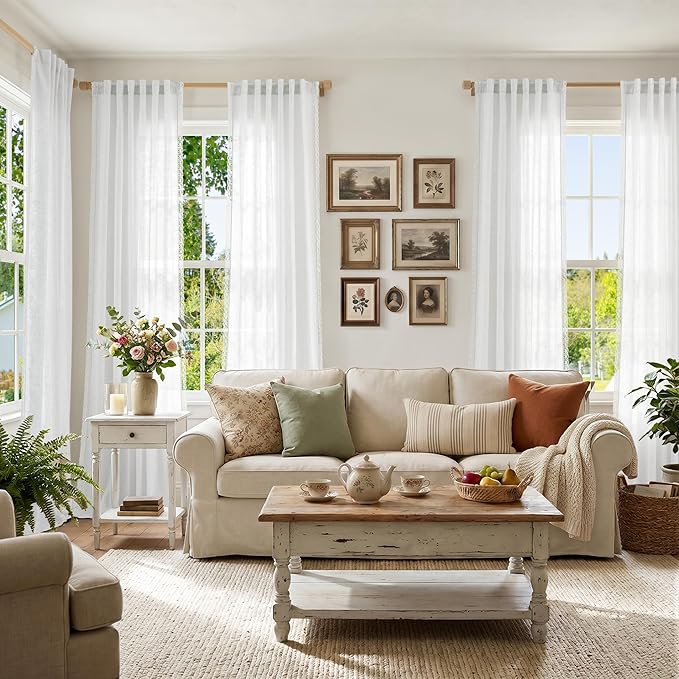 jinchan Linen Curtains for Living Room Bedroom Light Filtering Semi Sheer Curtains Boho Farmhouse French Country Cottage Core Decor Window Drapes Back Tab 84 Inch Length Laced Off White
