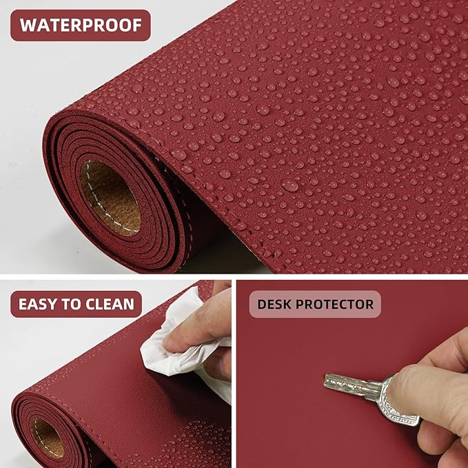 AFIING Cork Desk Mat 35.4" x 17", Dual-Sided Natural Cork & PU Leather Desk Pad, Non-Slip Waterproof Large Mouse Pad for Office, Home & Gaming (Red)