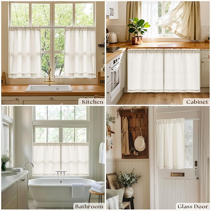 Natural Linen Cafe Curtains 30 Inch Length Semi Sheer Light Filtering Privacy Small Curtain for Kitchen Bathroom Basement Window Rod Pocket Boho Cream Short Curtains 30 Inches Long W34xL30