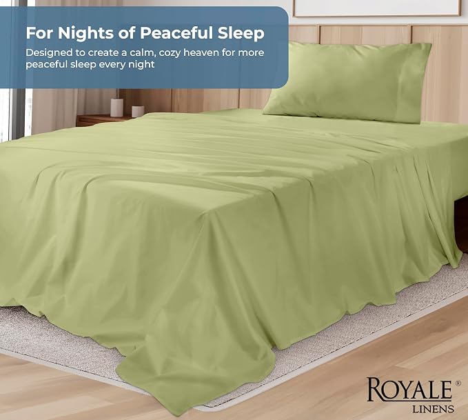 ROYALE LINENS 100% Organic Cotton Twin Sheet Set - Percale Weave - 3 Pieces Set - 1 Flat, 1 Deep Pocket Fitted Sheet and 1 Pillowcases - Sage Green Bed Sheets - Sábanas Twin - Crisp Cool (Sage Green)