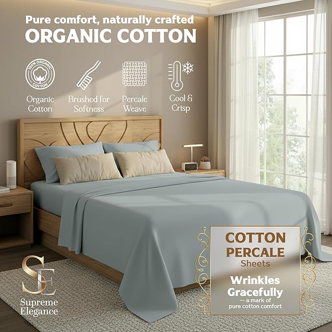 Supreme Elegance 3Pc 100% Organic Cotton Twin Bed Sheets Set - Cooling Percale for Hot Sleepers, Crisp & Breathable Sheets Set - Includes 16" Deep Pocket Fitted Sheet, Brushed for Softness - Soft Gray