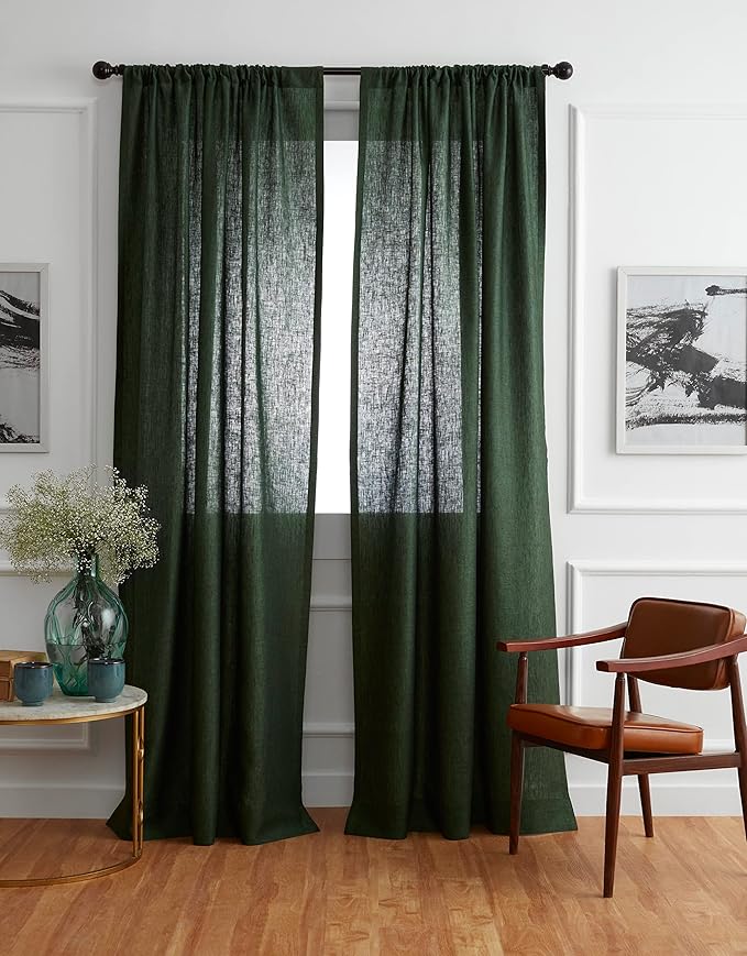 Solino Home European Flax Linen Curtain Forest Green, 52 x 108 Inch Light Filtering Rod Pocket Curtain 108 Inches Long, 100% Pure Linen Window Treatment for Living Room, Bedroom - 1 Panel