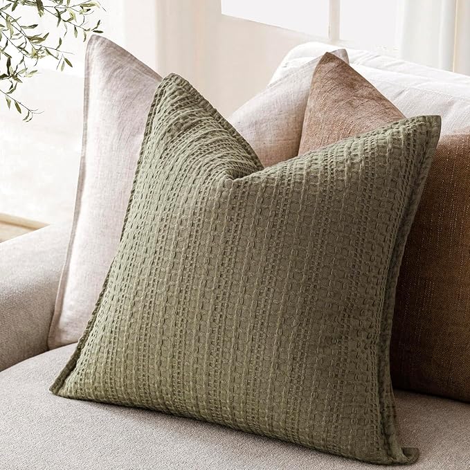 Foindtower Set of 2 Decorative Cotton Waffle Weave Throw Pillow Covers Euro Shams Cushion Covers Accent European Pillowcase for Bed Couch Sofa Bedroom Living Room Home Decor 20×20 Inch Olive Green