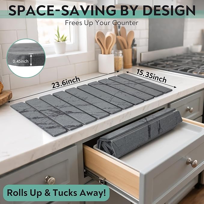 Large Stone Dish Drying Mat for Kitchen Counter ,Fast Drying Non-Slip Collapsible Dish Drying Mat ,Eco-Friendly Super Absorbent Diatomaceous Earth Mats for Dishes Bottles Cups Bathroom,24"(L)×16 (W)
