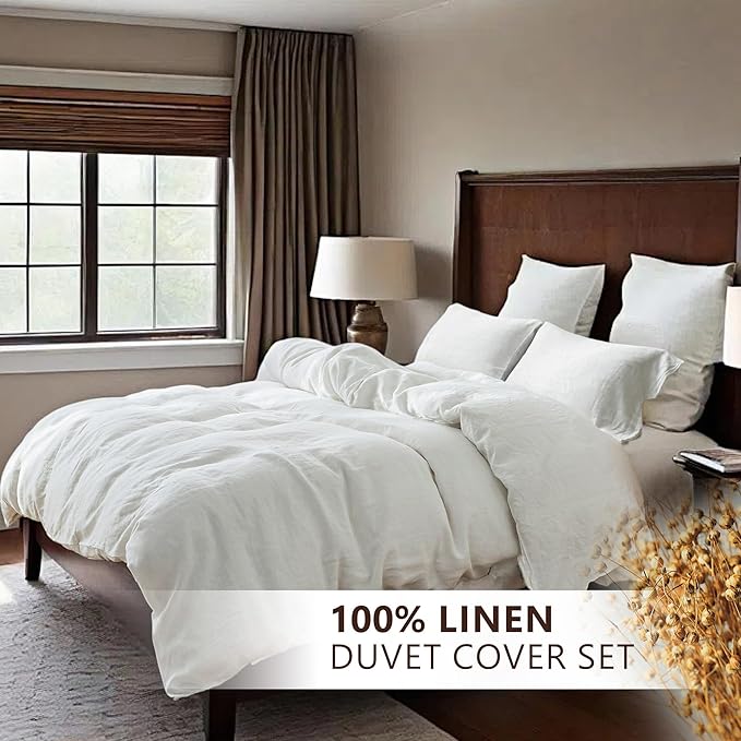 100% Linen Duvet Cover Set, 3 PCS Natural French Flax White Duvet Cover Queen Size, Breathable Soft Comfy Linen Bedding Comforter Cover with 2 Pillowcases(White, 88" x 92")