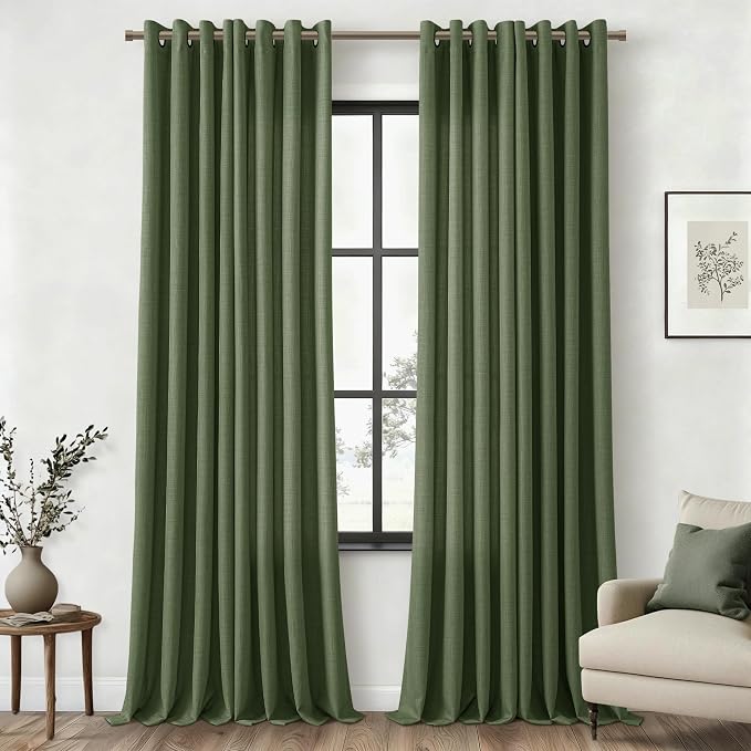 102 Inch Long Green Curtains for Bedroom Living Room, Bronze Grommet Dark Olive Green Semi Sheer Light Filtering Privacy Faux Linen Curtains 102 Inches Long Elegant Boho Farmhouse Large Window Drapes
