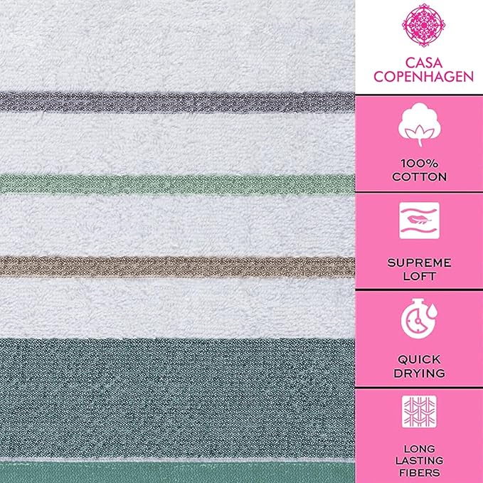 CASA COPENHAGEN White Bay 6Pcs 100% Egyptian Cotton Large Designer Towels Gift Set- Grey - Sea Grass, 600GSM, 2Bath 2Hand 2Washcloths, Bath Towels for Bathroom Set for Women & Men