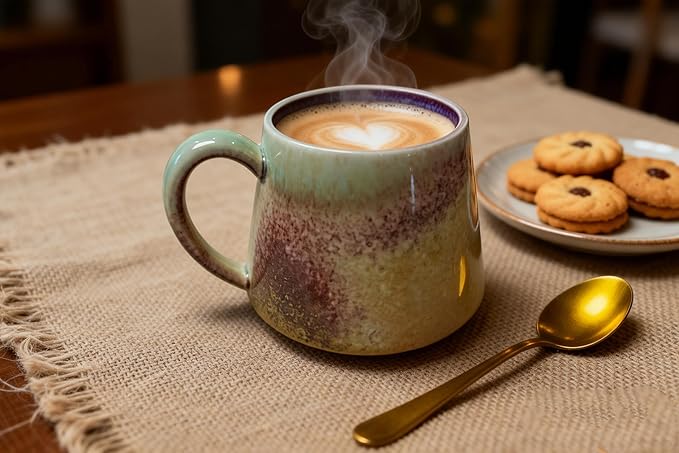 Large Ceramic Coffee Mug 16 oz - Microwave & Dishwasher Safe, Handcrafted Artisan Pottery Cup with Tapered Design for Stability & Heat Retention, Gift for Mom (Reactive Glaze Multicolor)