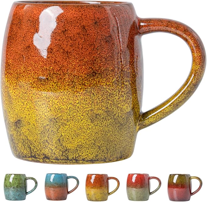 Handmade 22oz Ceramic Coffee Mug, Ergonomic Large Handle, Ideal Gift for Coffee Lovers, Microwave & Dishwasher Safe (Minute-Orange&Yellow)