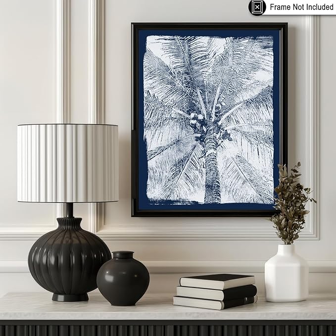 Monem Art Coastal Palm Tree Cyanotype Print - Blue and White Tropical Botanical Art Poster - Wall Decor for Beach House, Bedroom or Living Room - 12x16 Unframed Wall Art by Renee Stramel