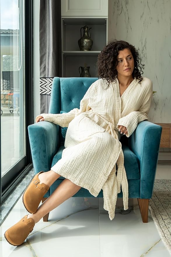 Muslin Unisex Bathrobe Women & Men, 100% Cotton Kimono Lightweight Robe | Long Robes Soft, Absorbent, Spa robes