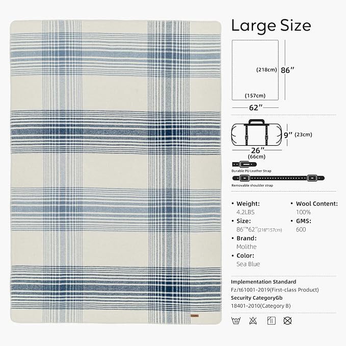 Molithe 100% Wool Blanket, 62" x 86", Warm, Thick, Washable, Military | Great for Camping, Outdoors, Sporting Events, Survival Kits Seablue