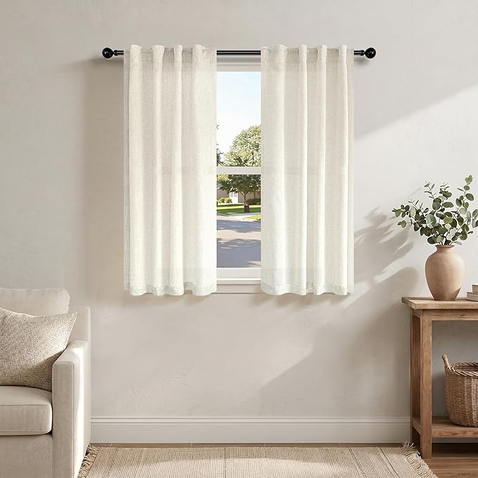 48 Inch Linen Curtains 2 Panels for Cafe Bedroom Bathroom Back Tab Rod Pocket Privacy Semi Sheer Light Filtering Window Treatments Cream Ivory Farmhouse Rustic Door Curtain Small Window 34 x 48 Length
