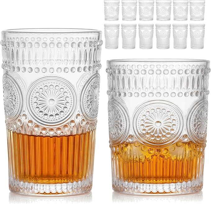 Vintage Drinking Glasses Set of 12, Textured Clear Striped Glass Cups-6 Highball Glasses 12oz & 6 Rocks Glasses 10oz, Mixed Glassware Set, Mojito Cups, Cocktail Glass, Iced Coffee Cup
