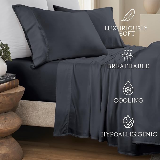 KARISSA MAE Pure Viscose from Bamboo Queen Size Pillowcase Set | 100% FSC Certified | Luxuriously Soft | Cooling | [Black]