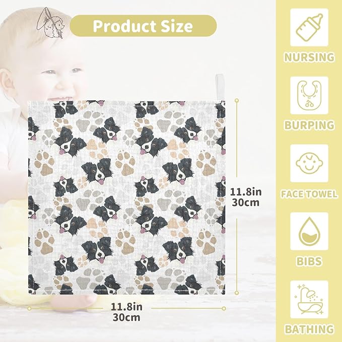 Baby Border Collie Dog Msulin Washcloths Newborn Face Towel - Baby Muslin Burp Cloths 5 Pack Soft Absorbent Natural Cotton Wash Towel 11.8"X11.8" Baby Bath Towels Wipes