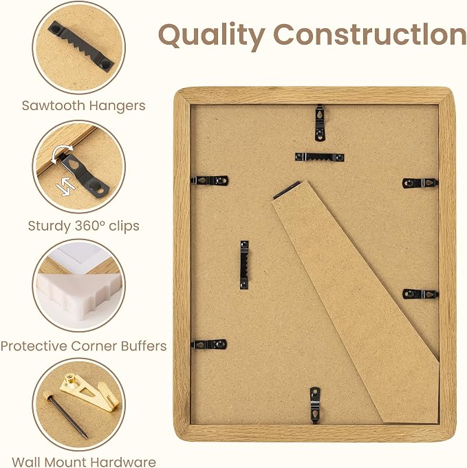 Fun Memories 8.5x11 Picture Frame - Solid Oak Wood Diploma & Certificate Frame, 8.5x11 Frame with Mat for 6x8 Photos, Awards & Achievements, Tabletop and Wall Display with Real Glass, Natural Oak