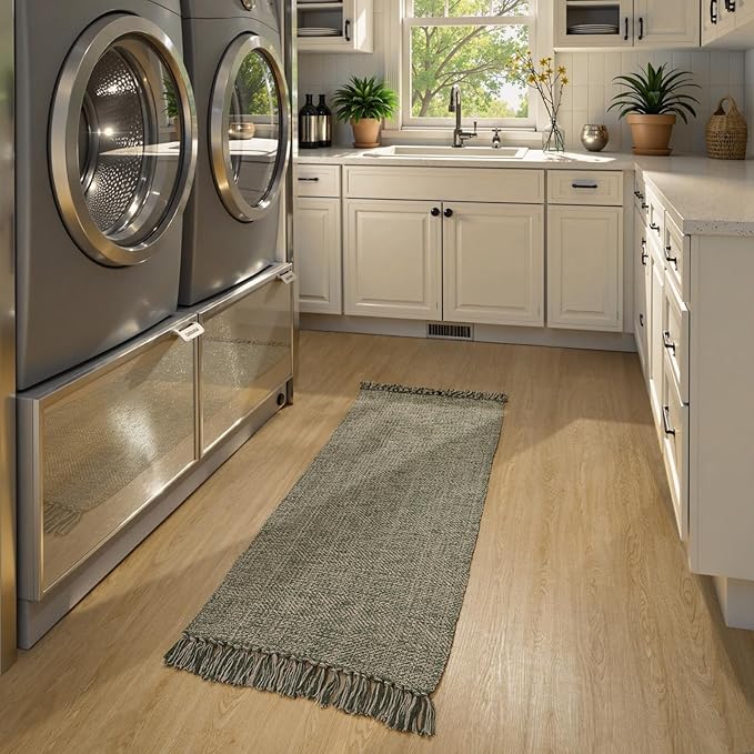 Collive Washable Runner Rugs for Hallways, 2' x 5' Natural/Green Entryway Runner Rug Soft Hand-Woven Contemporary Modern Laundry Room Indoor Carpet for Bathroom Bedroom Kitchen Front Door
