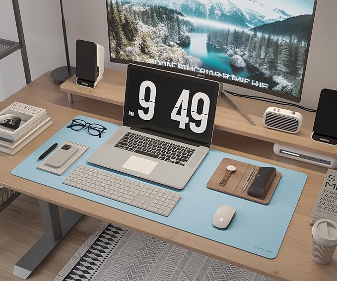 RENMTURE Dual-Sided Large Desk Pad, Faux Leather Natural Cork Mouse pad, Desk Accessories Protector, for Office and Home Work (Light Blue, 32"x16")