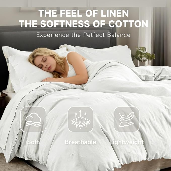 QKTE French Linen Duvet Cover Set, 3 PCS Natural French Flax White Duvet Cover King Size, Breathable Soft Comfy Linen Bedding Comforter Cover with 2 Pillowcases(White, 104" x 92")