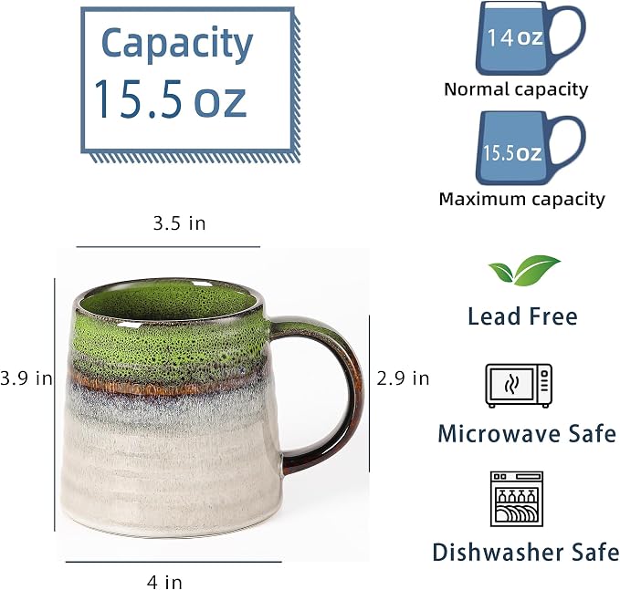 Large Ceramic Coffee Mug, Handmade Pottery Mugs, Tea Cups with Big Handle for Office and Home, 15.5 oz, Dishwasher and Microwave Safe (Spring Green)