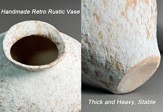 GeLive 6.3-Inch Textured Ceramic Vase, Rustic White Bulbous Pottery, Handmade Wabi Sabi Distressed Farmhouse Decor, Vintage Centerpiece for Dried & Fresh Flowers, Indoor Home Decoration