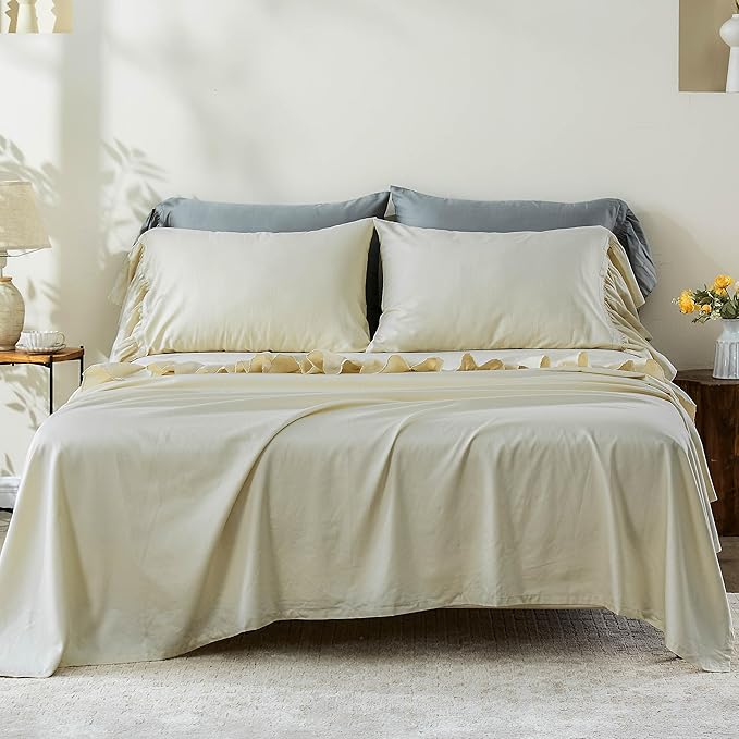 Simple&Opulence 100% Organic Cotton Sheet Set, Long Ruffle Bed Sheets (1 Flat Sheet, 1 Fitted Sheet and 2 Pillowcases) Elegant Shabby Chic Bedding Farmhouse Charming Vintage - Beige, King