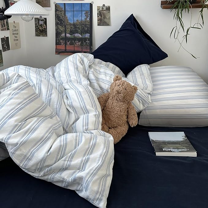 mixinni Vintage Blue & White Striped Duvet Cover Set - 3 Piece 100% Washed Cotton Twin Size Bedding | Minimalist Relaxed Style | Ultra Soft Breathable, with Zipper Closure & Corner Ties-Twin Size