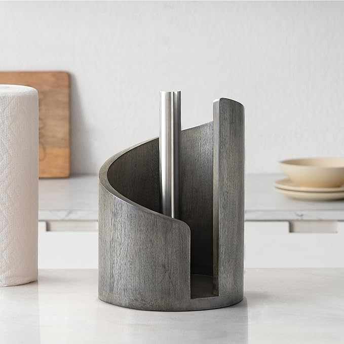 Anji Mountain Wooden Paper Towel Holder Countertop with Mango Wood Round Base and Iron Holder, Holder Stand for Kitchen Roll Organizer & Kitchen Dining Table Home Decor - Greige/Nickel, Classic