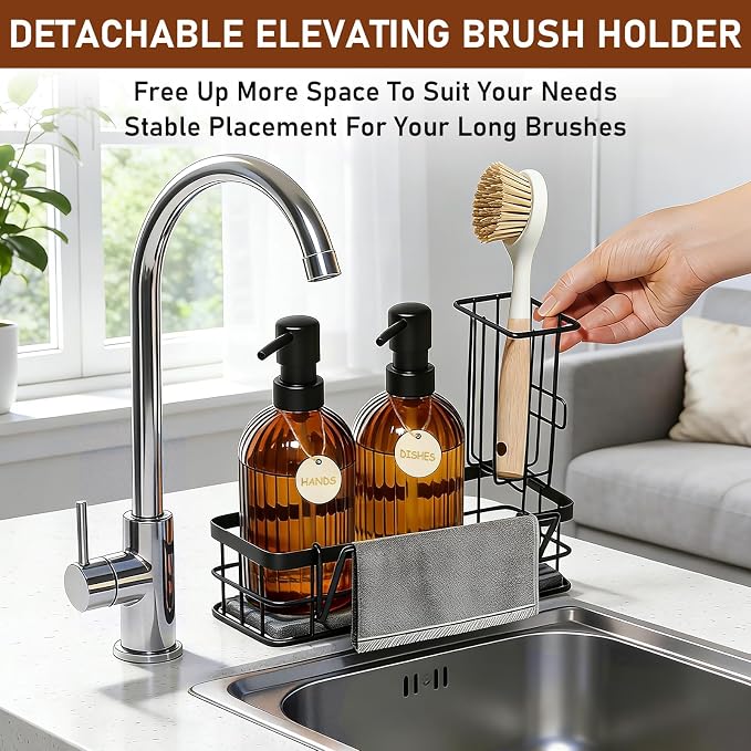 Kitchen Soap Dispenser Set, 14.4 oz/425 ml Hand and Dish Soap Dispenser Set, Dish Soap Dispenser with Sponge Holder & Diatomite Tray, for Countertop Organizer, Amber
