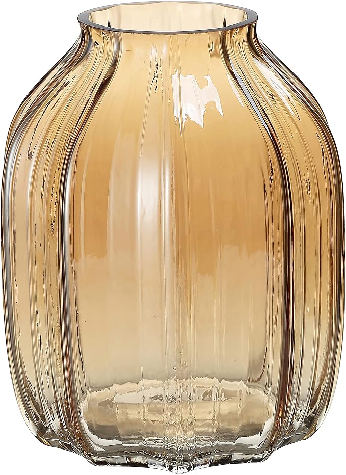 Large Amber Glass Vase for Flowers Ribbed Tall Gold Floor Vase 8.0" Decorative Vases for Home Table Centerpieces Flowers Decor and Farmhouse(Brown 8.0in)