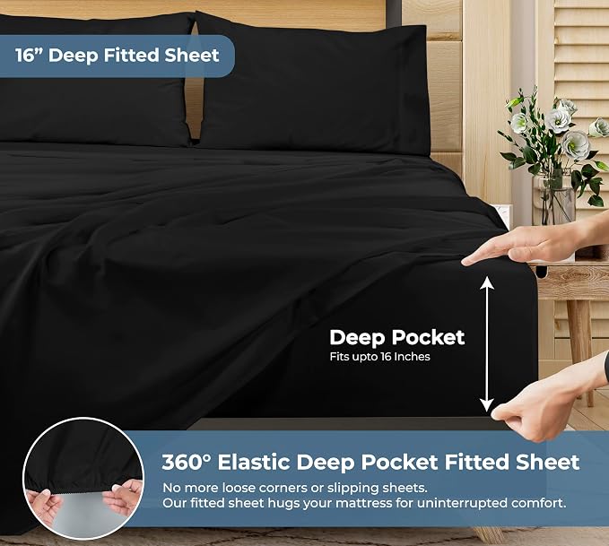 ROYALE LINENS 100% Organic Cotton Queen Sheet Set - Percale Weave - 4 Pieces Set - 1 Flat, 1 Deep Pocket Fitted Sheet and 2 Pillowcases - Black Bed Sheets - Sábanas Queen - Crisp Cool (Black)