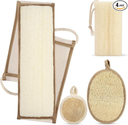DEBETOOL 4 Piece Natural Loofah Back Scrubber with Face Scrubber Pad for Shower - Exfoliating Loofah for Women and Men Glowing Skin