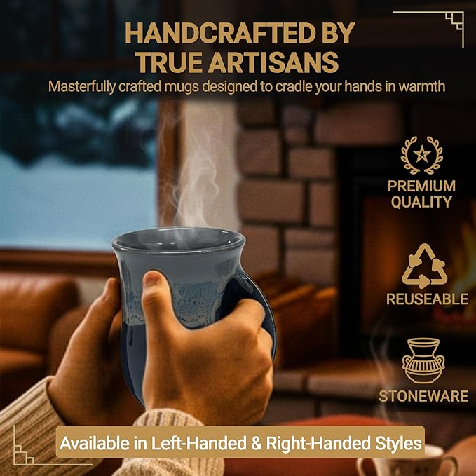 Clay in Motion Hand Warmer Coffee Mug – Handmade Coffee Mug With Comfortable Handle Contoured Pocket Hand Warming Ceramic Coffee Mug – Proudly Made in USA – Right Handed – 14 Oz - Stormy Night
