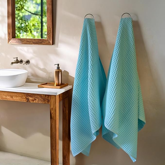 PÜSKÜL Pack of 2 Waffle Bath & Spa Towels - Premium 100% Turkish Organic Cotton - Quick Dry Thin Bath Towel for Bathroom - Made in Turkey (Turquoise, 32x63 inch)