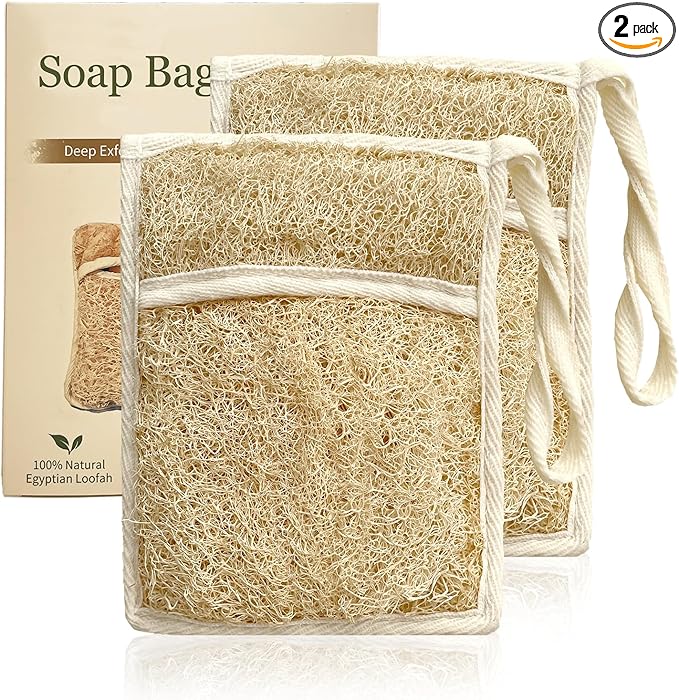 Soap Bag Made from Natural Egyptian Loofah, Luxury Exfoliating Soap Saver Bar Soap Pouch with Rich Foam, Rough Texture, Quick Drying, Long Hanging Loop for Shower & Travel (2 Pack)