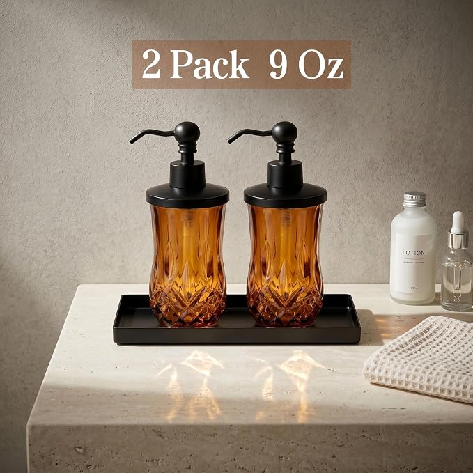2 Pack 9 Oz Glass Soap Dispenser with Matte Black Zinc Alloy Pump, Amber Round Textured Refillable Hand Soap Dispenser for Lotion, Hand Soap, Body Wash, Kitchen & Bathroom Countertop Decor