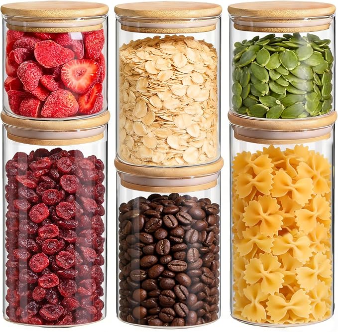ComSaf Glass Storage Containers with Lids, Set of 6 Jars (0.6Qt/1Qt/1.5Qt) | Glass Pantry Storage Containers , Pantry Organization, BPA Free, Dry Food Storage Jar, Flour Cereal Sugar Tea Coffee Beans