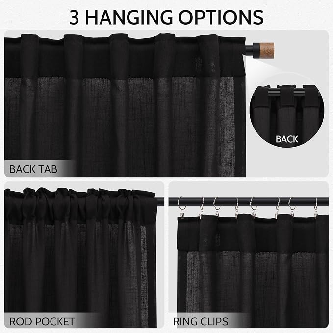 Vintage Black Linen Curtains 108 Inches Long for Living Room Light Filtering Semi Sheer Curtain Back Tab Floor to Ceiling High Window Gothic Vintage Decor Drapes for Bedroom Office 52x108,2 Panels