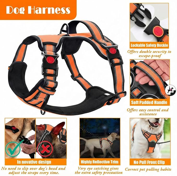 LOBEVE No Pull Dog Harness, Collar & Leash Set | Includes Dog Seat Belt, Collapsible Bowls & Poop Bag Dispenser. Ideal for Training, Walking, Hiking. Fits Small to Large Dogs(Orange-L)
