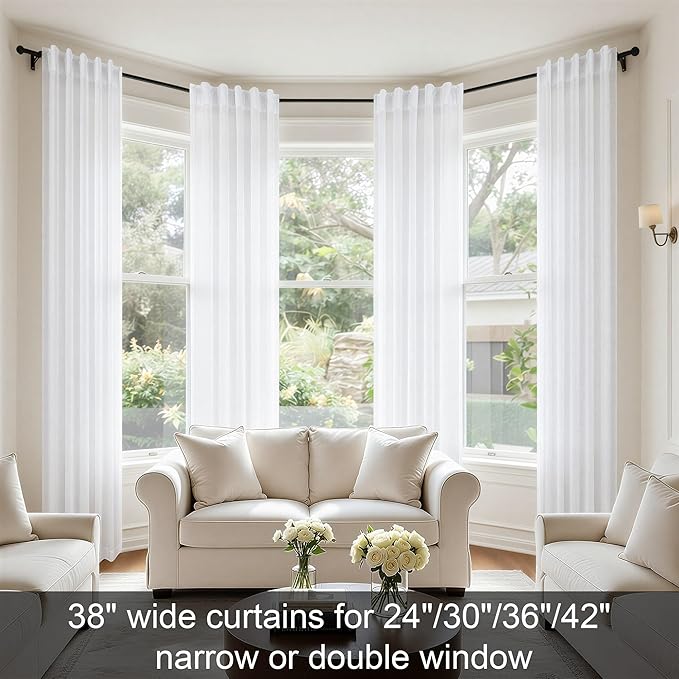 White Extra Long Curtains 9 FT for Living Room 2 Panel Sets Rod Pocket Back Tab Semi Sheer Light Weight Lace Cotton Textured White Linen Curtain for Bedroom Sunroom Picture Window 38 x 108 Inch Length